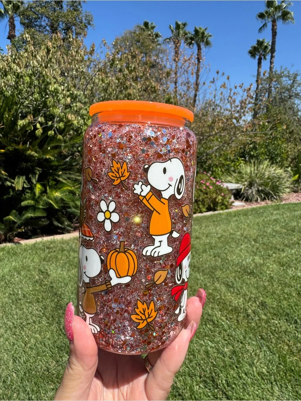 Snoopy Fall autumn snow globe glass Tumble 16oz